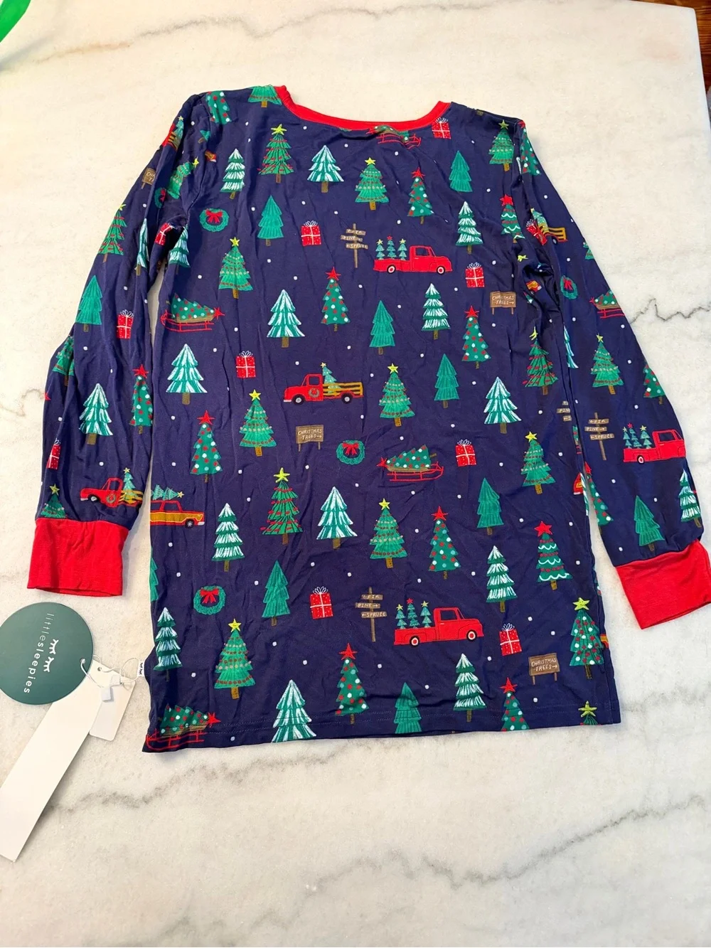 Little Sleepies Navy Holiday Trees & Trucks Pajama Top with Red Trim
